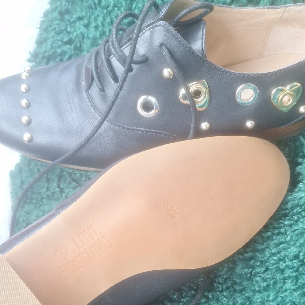 Love Moschino Black Leather Lace-Up Shoe with Gold Studs